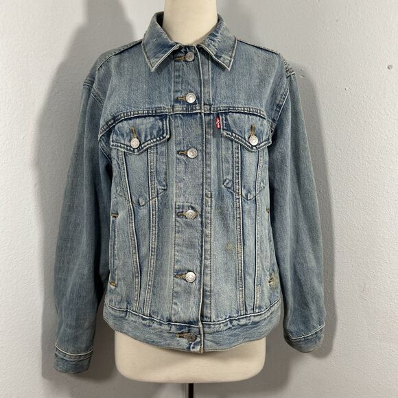 Levis Premium‎ Jean Jacket Womens M Blue Big E Denim Trucker - Picture 1 of 9